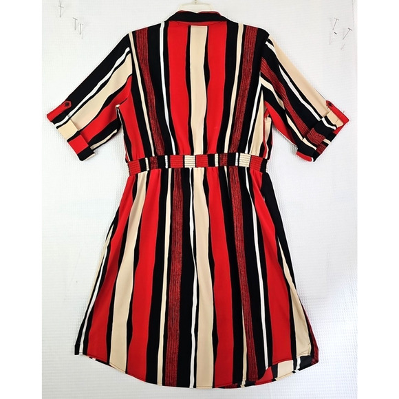 Millenium~Size XL~Red/Multicolor Striped Short Sleeve Button Dress Elastic Waist - Picture 7 of 13